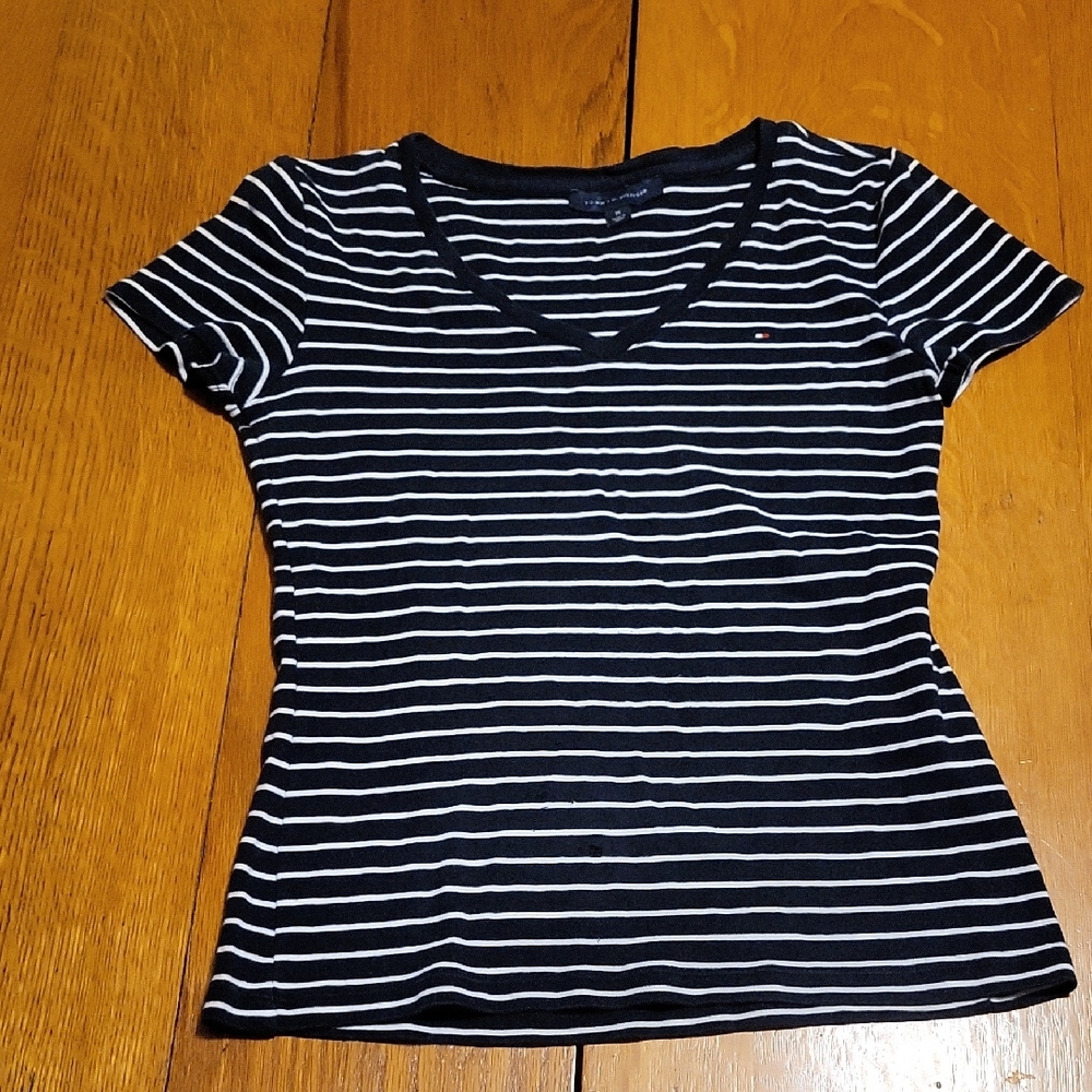 Tommy Hilfiger Black and White Striped V-Neck Tee